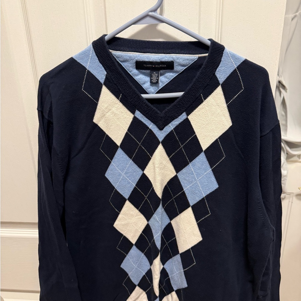Tommy Hilfiger V-Neck Sweater - Navy and Light Blue Argyle